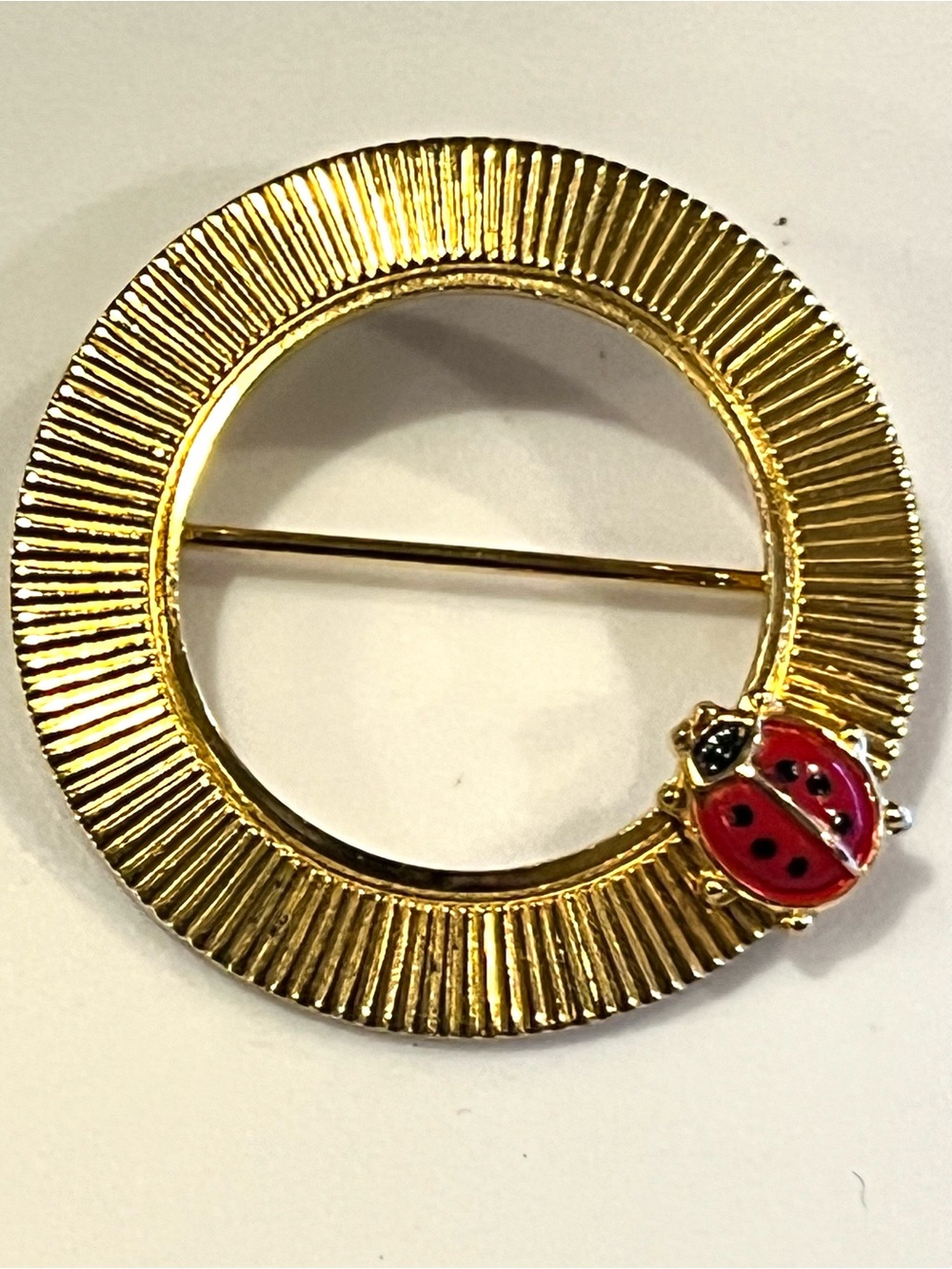 Vintage Open Circle Gold Round Brooch with Red Ladybug Accent